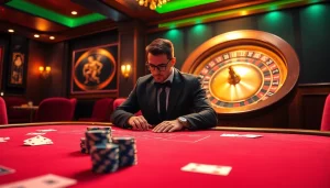 Experience the thrill of online gambling at hz88mie.com with a luxurious casino scene featuring poker tables and roulette.