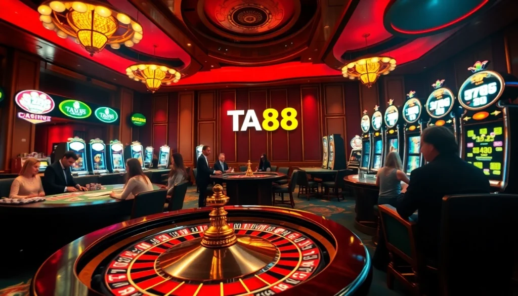 Experience thrilling games at ta88 trang chủ with a vibrant casino atmosphere featuring players, tables, and excitement.