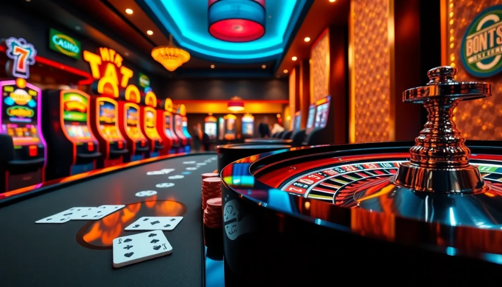 Experience the excitement of one88 trang chủ at a vibrant casino featuring poker tables and slot machines.