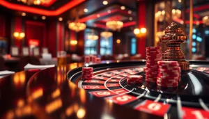 Casino en ligne avec une table de roulette élégante et des jetons colorés.