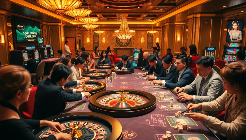 Excited players enjoying a thrilling QQ88 gaming experience at a luxurious casino.