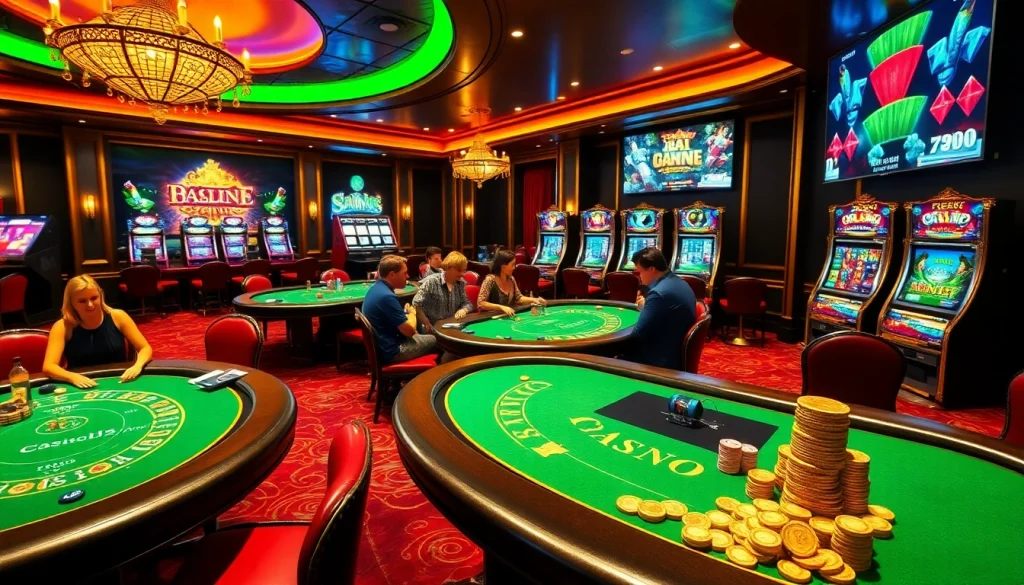 Engaging scene showcasing casino en ligne france with luxury gaming tables and vibrant slot machines.