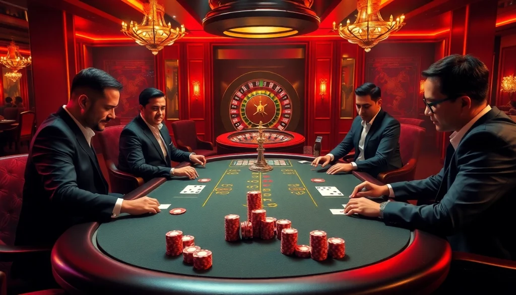 Engage in high-stakes poker at a luxurious casino scene featuring https://lucky88.faith/ with vibrant colors and thrilling ambiance.