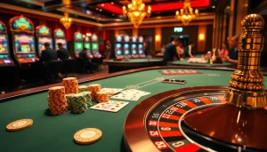Engage with high-stakes poker at PS99's luxurious casino, showcasing chips, cards, and excitement.