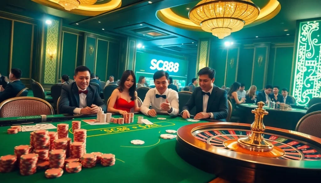 Players enjoying thrilling games at SC88 casino with chips and cards.