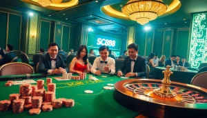 Players enjoying thrilling games at SC88 casino with chips and cards.