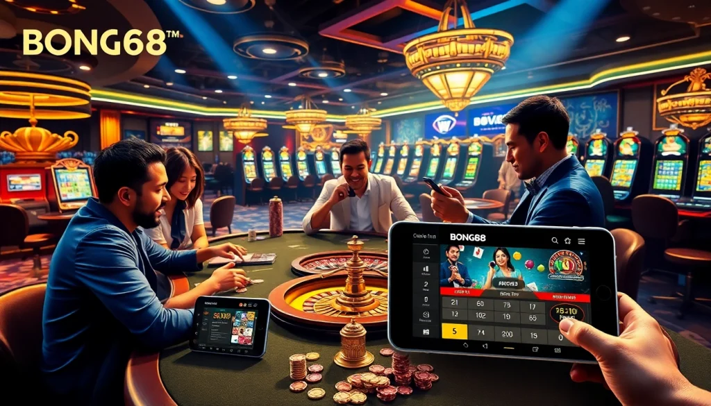 Bong88 trang chủ showcasing a vibrant online casino scene with excited players and luxurious gaming elements.