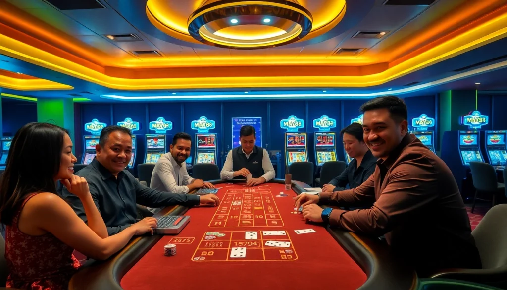 MAY88 players enjoying an authentic live casino experience with a dealer, chips, and roulette.