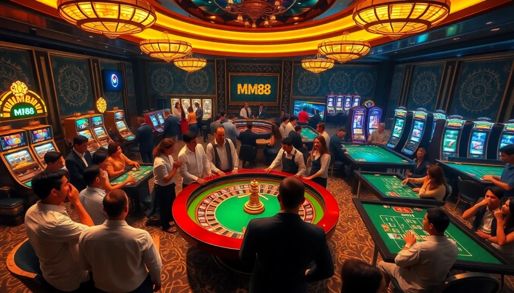 Players enjoying a thrilling roulette game at MM88 casino, with poker chips and slot machines in view.