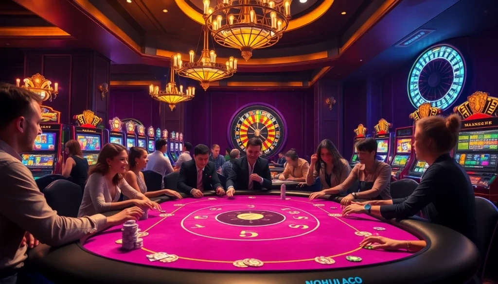 Excited players enjoying high-stakes betting at a luxurious casino chance while referencing https://nohu90.ac/.