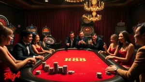 Players enjoying a high-stakes game at the RED88 poker table in an upscale casino environment.