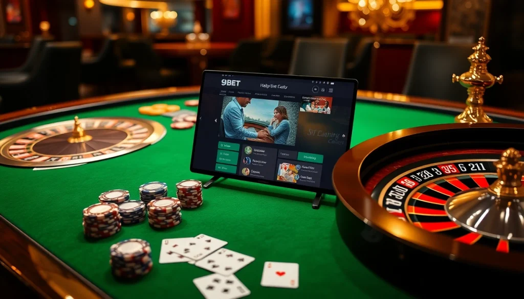 Engaging online gambling experience at 9bet trang chủ with poker chips, roulette wheel, and casino atmosphere.