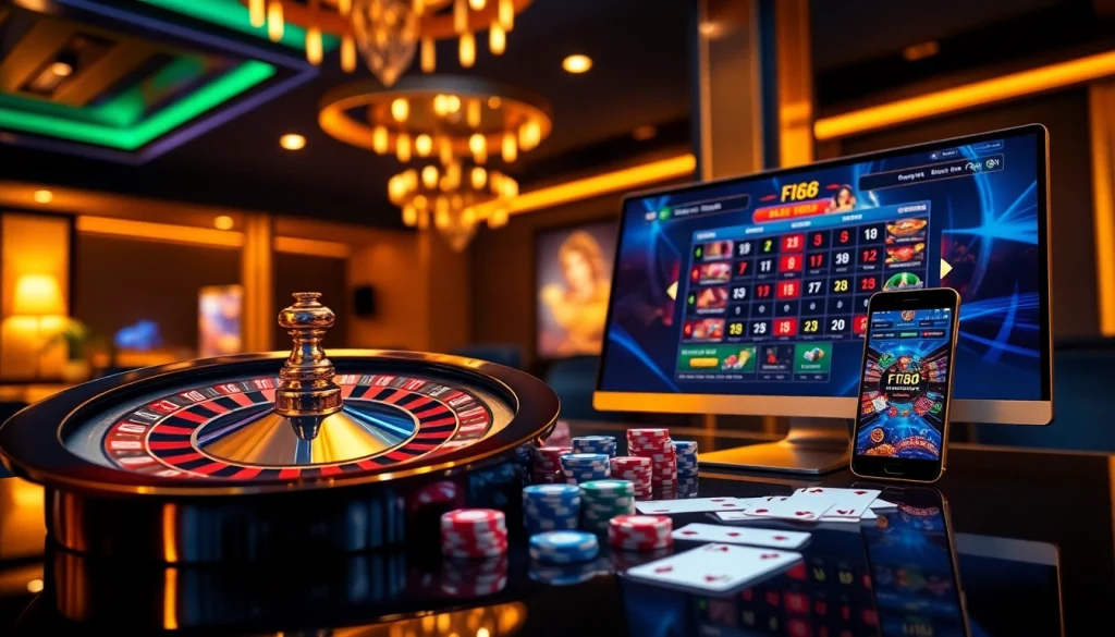 F168 online gaming platform showcasing a vibrant roulette wheel, poker chips, and cards.