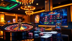 F168 online gaming platform showcasing a vibrant roulette wheel, poker chips, and cards.