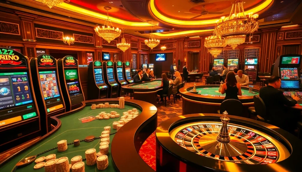 Les casinos en ligne France présentent des machines à sous vibrantes, des tables de poker et des roues de roulette dans un cadre élégant.