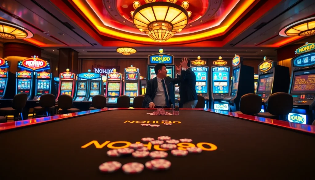 Player winning big at NOHU90 gaming table with slot machines and poker chips.