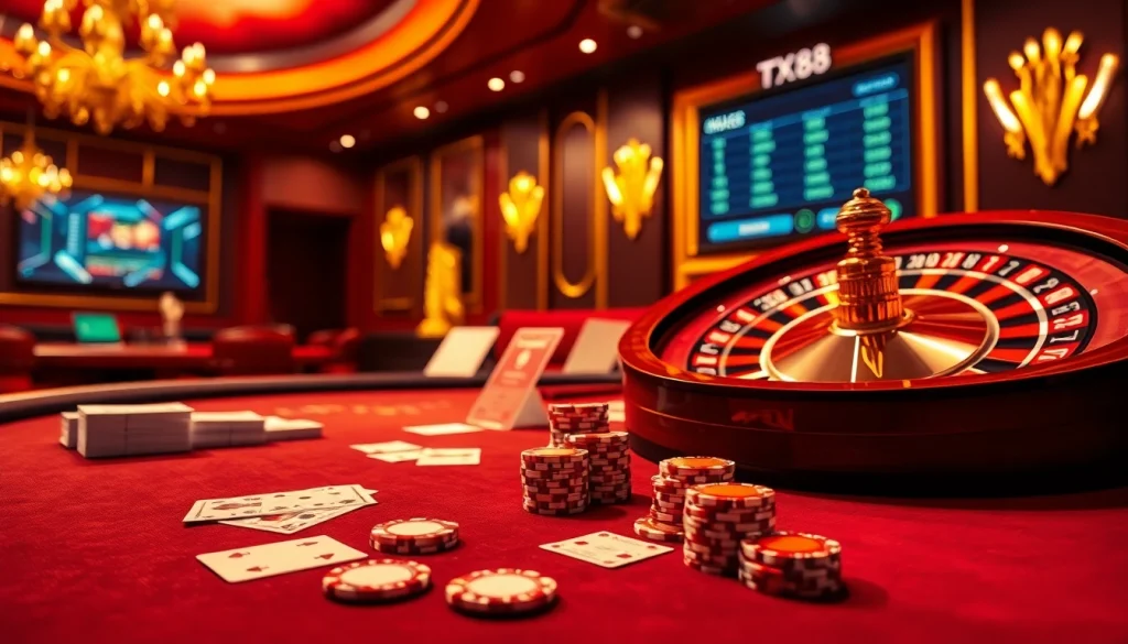Experience the thrill of tx88 trang chủ with an engaging online casino setup featuring poker chips and roulette.