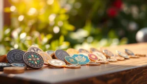 Les jetons colorés montrant des motifs uniques sur une table en bois.