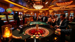 Excited players engaging in a high-stakes game at 98WIN casino, highlighting luxury and thrill.