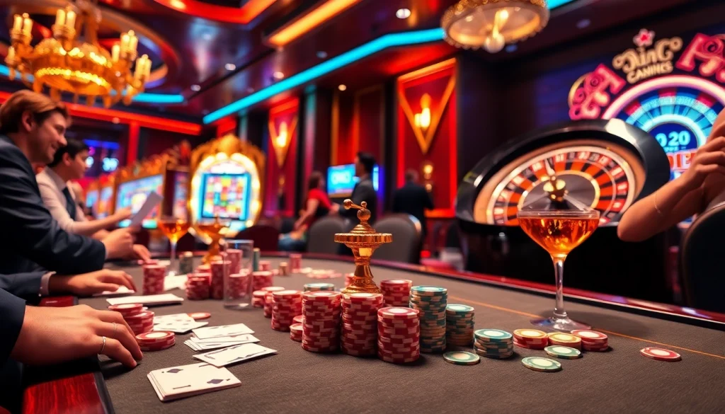 Engage in excitement at nhà cái uy tín with glamorous casino tables, poker chips, and spinning roulette wheels.
