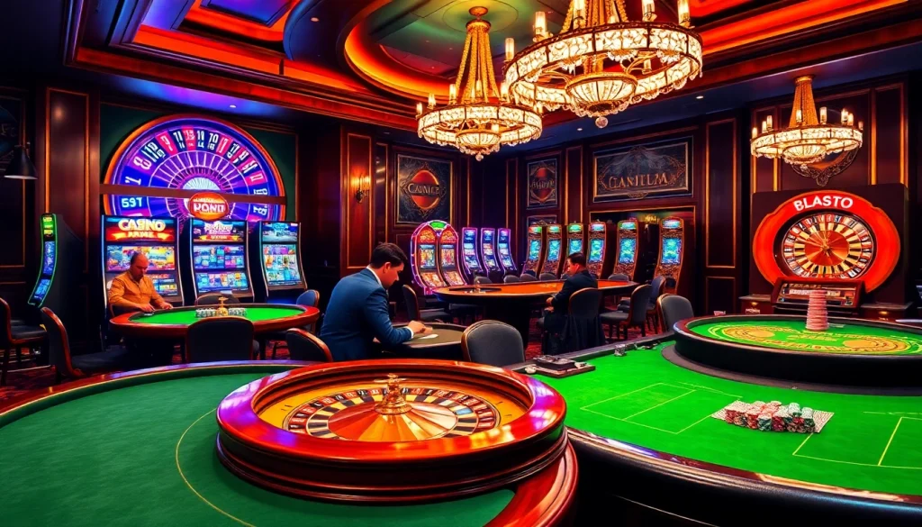 A vibrant scene of a casino en ligne France with luxurious gaming tables, poker chips, and slot machines.