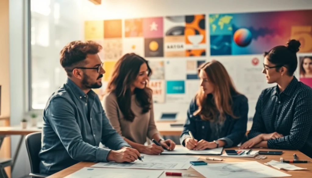 Agence de branding en pleine collaboration créative avec des designers autour d'une table.