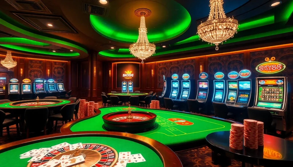 Engage with the excitement of SKY88 casino gaming featuring vibrant tables and luxury slot machines.