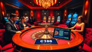 Gamblers strategizing at a roulette table in a luxurious casino setting featuring C168.