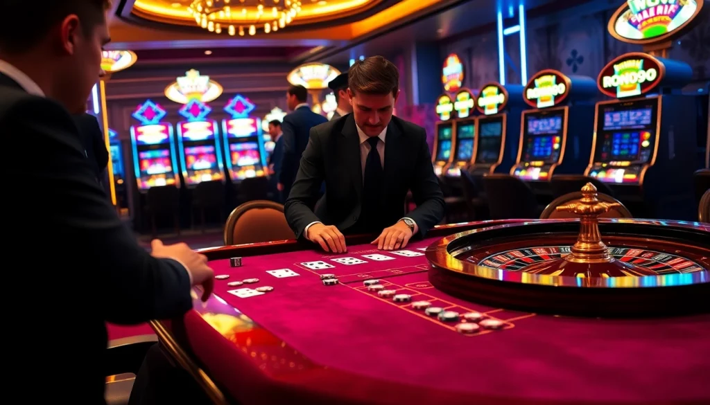 Nohu90 gaming action at a luxurious casino table with vibrant colors and poker chips.
