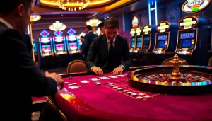 Nohu90 gaming action at a luxurious casino table with vibrant colors and poker chips.