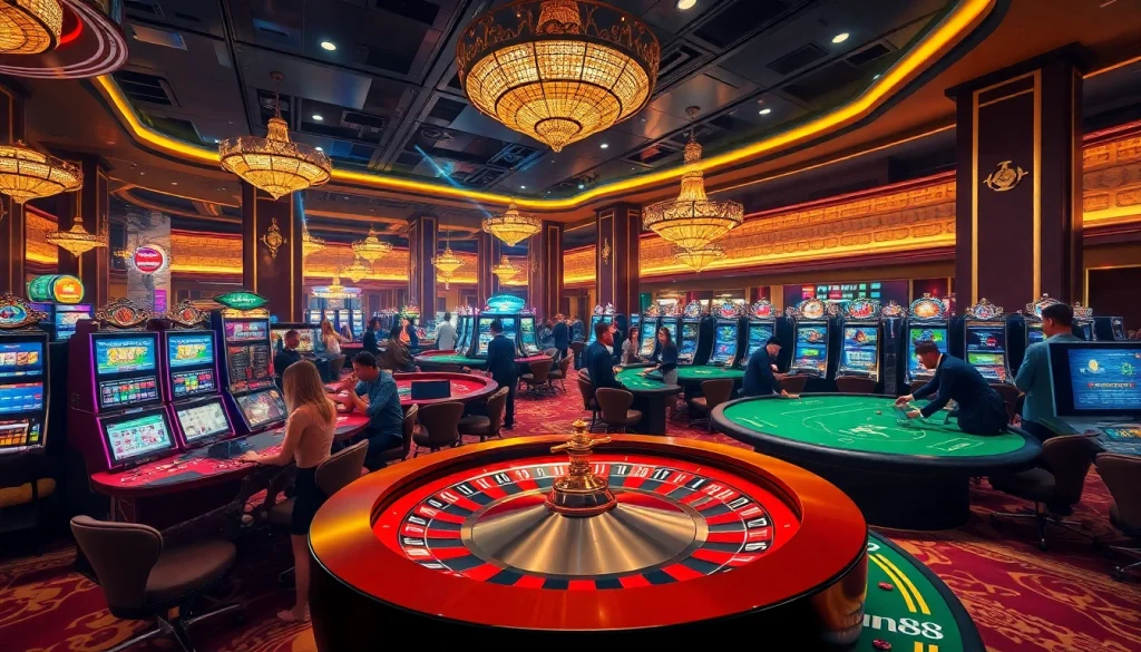 Engage with thrilling betting action at Trang chủ sin88 in a vibrant casino environment featuring poker tables and slot machines.