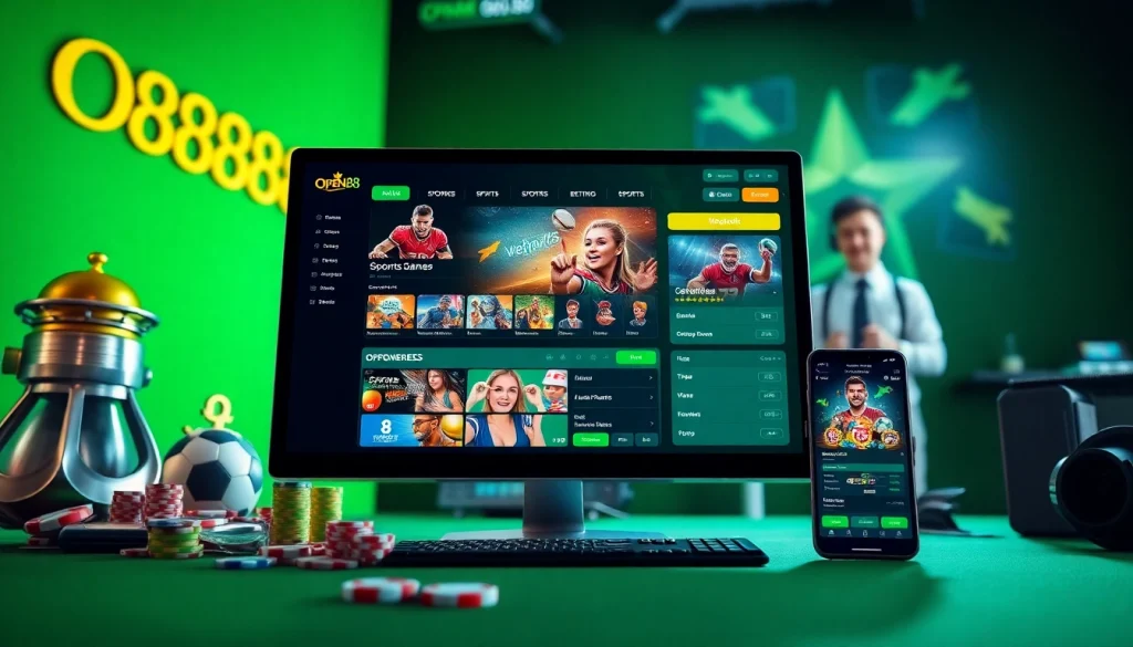 Open88 online gambling platform interface showcasing vibrant games and sports betting options.