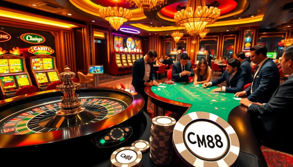 Players strategizing at a casino with CM88-themed poker chips and a roulette table.
