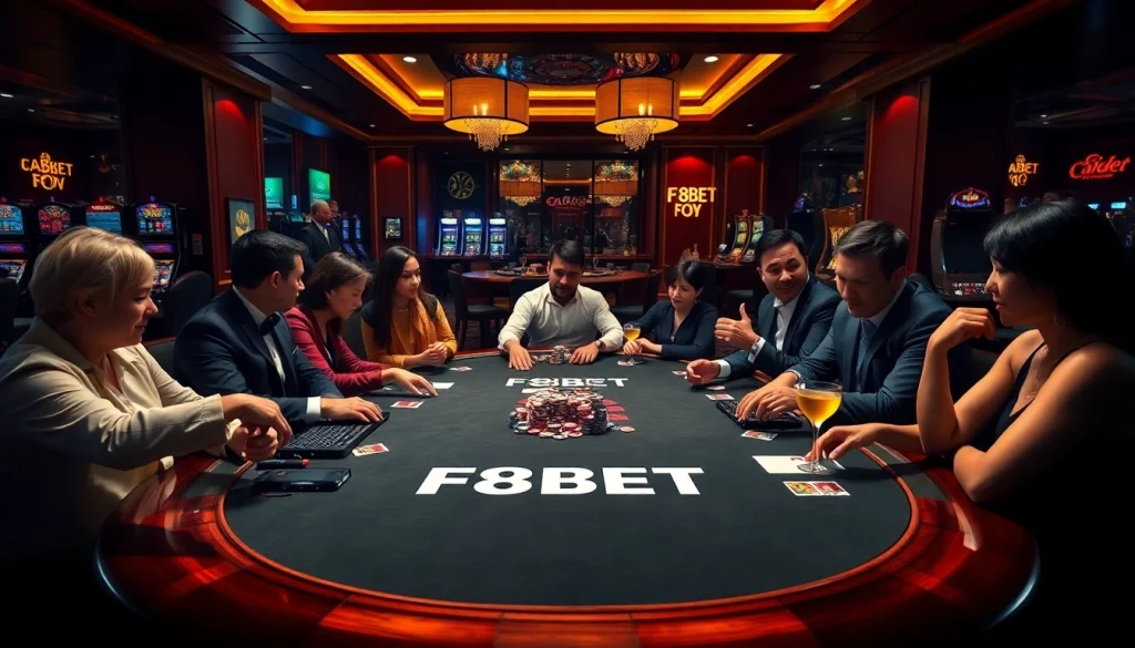 Experience thrilling poker action at F8BET with vibrant casino atmosphere and engaging players.