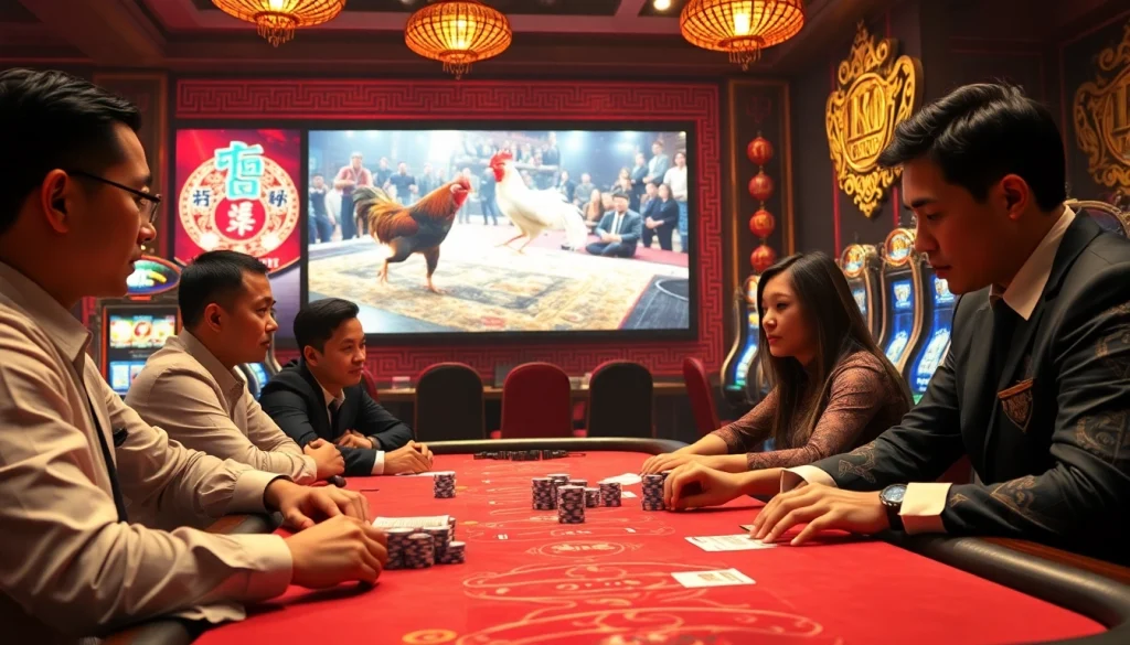 Exciting live cockfighting action at đá gà trực tiếp with engaged gamblers placing bets.