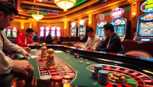 Betting excitement at a casino with CM88-themed roulette and slot machines.