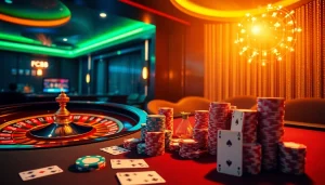 Experience strategic betting at FC88, featuring poker chips, cards, and roulette wheels in an elegant casino.