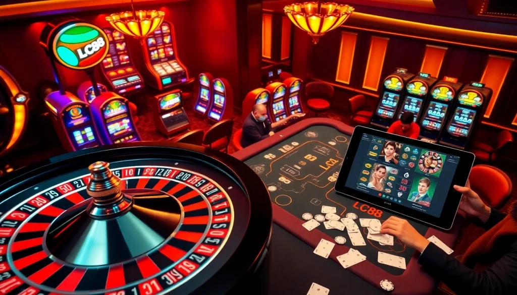 Experience the excitement at LC88 with a vibrant casino scene featuring poker tables and roulette wheels.