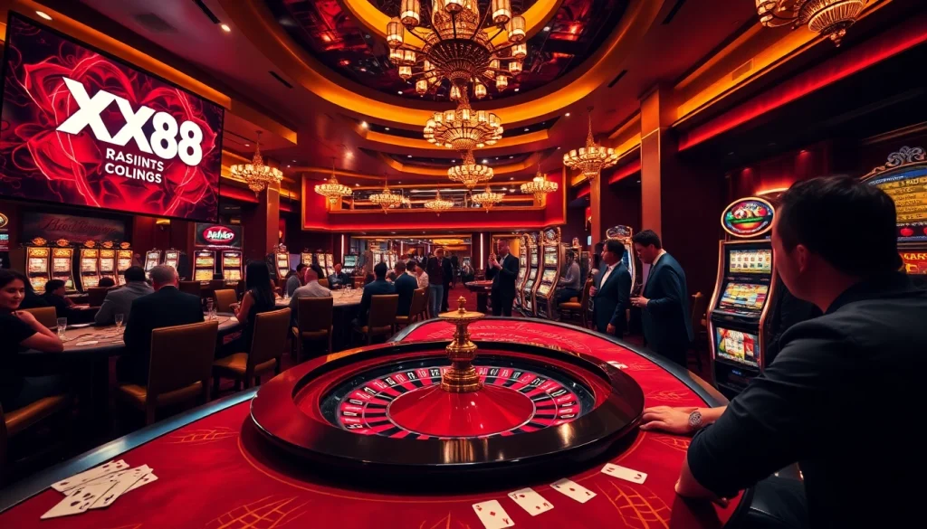 Experience the thrilling atmosphere of XX88 with vibrant casino games and players immersed in action.