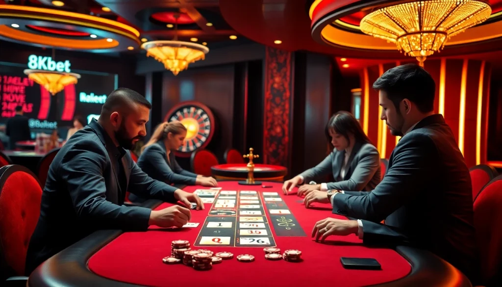 Exciting poker action at an 8kbet casino table with players and vibrant decor.