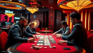 Exciting poker action at an 8kbet casino table with players and vibrant decor.