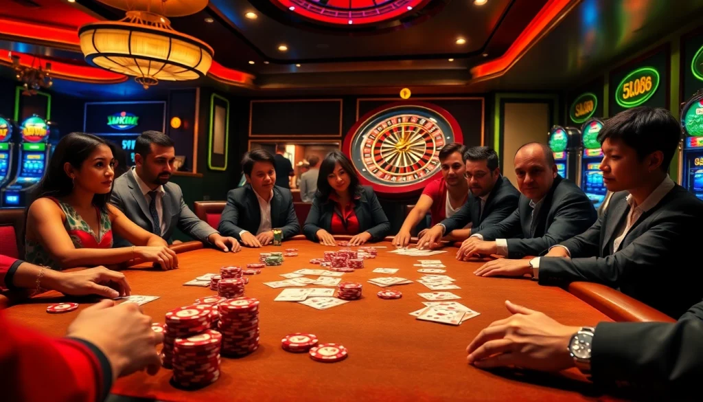 Engage in a thrilling poker game at OK8386 casino, surrounded by vibrant slot machines and a spinning roulette wheel.