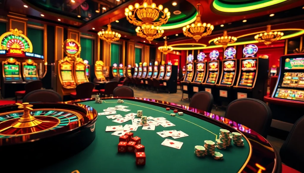 Scène vibrante de casino en ligne France mettant en avant des tables de poker, des roues de roulette et des joueurs engagés plongés dans le jeu en ligne.