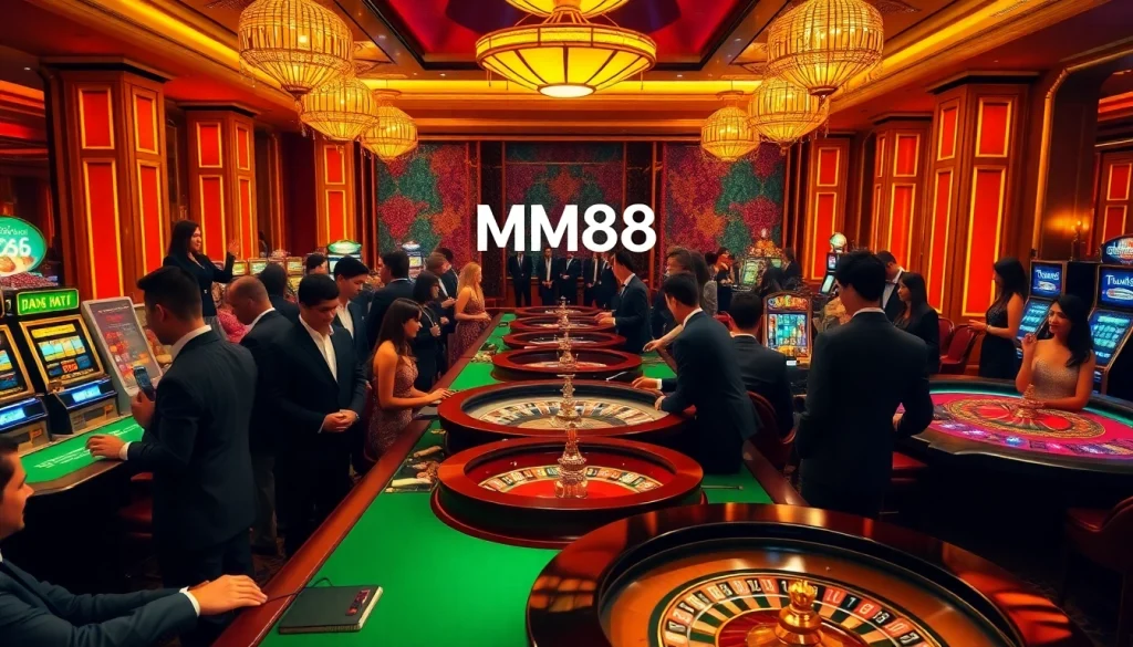 Exciting casino action featuring MM88 logo with players at tables, vibrant slots, and luxurious atmosphere.