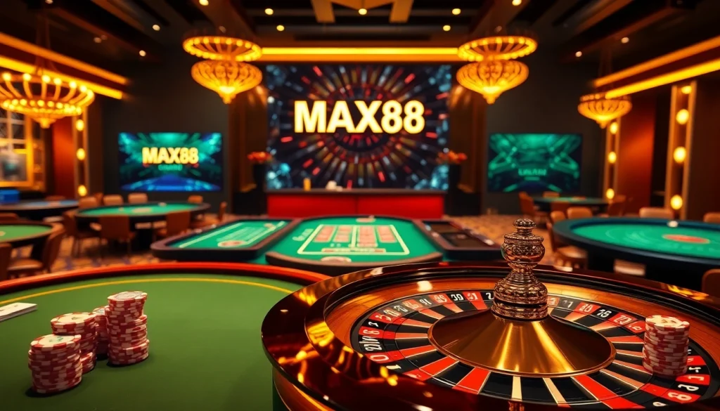 MAX88 casino scene featuring poker chips, roulette wheel, and vibrant gaming atmosphere.
