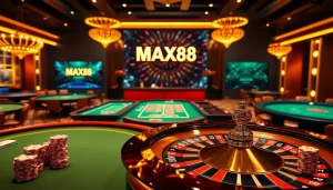 MAX88 casino scene featuring poker chips, roulette wheel, and vibrant gaming atmosphere.