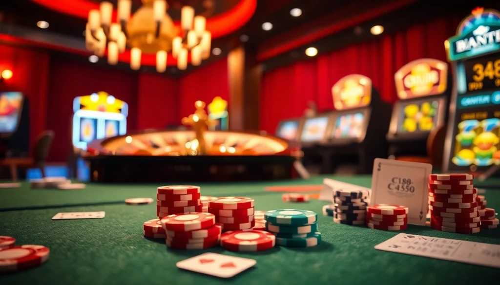 C168 casino scene featuring glamorous poker chips and playing cards on a table, set in an elegant atmosphere.