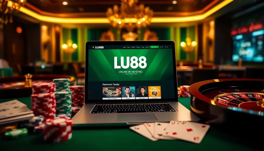 Engage with LU88 trang chủ interface displayed on a laptop surrounded by poker chips and cards.
