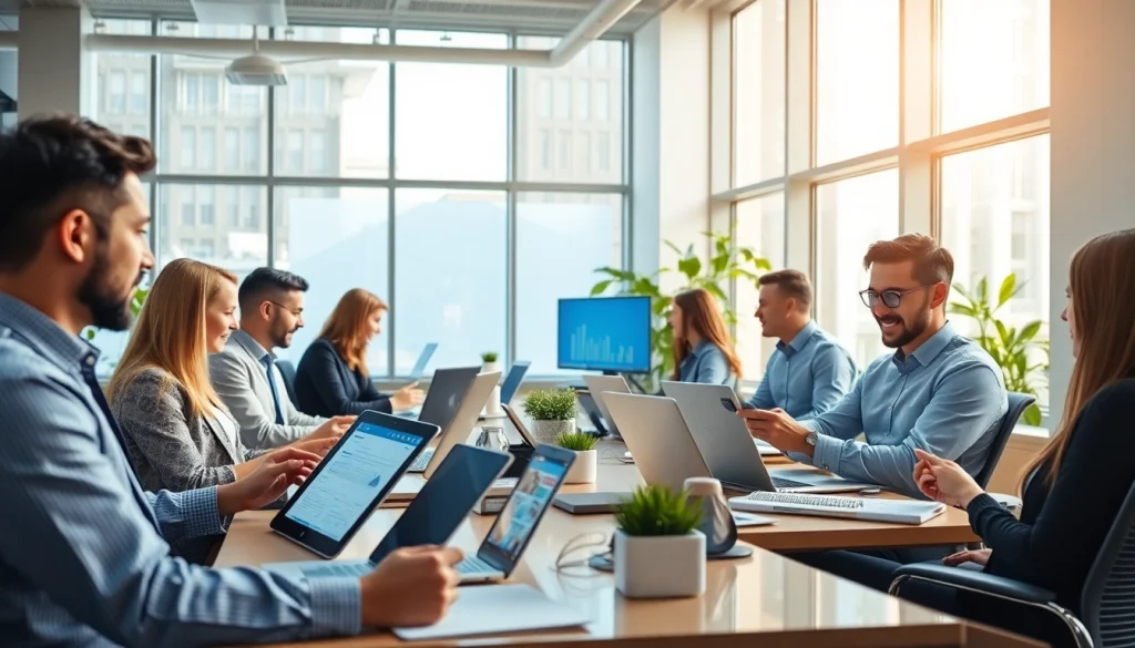 现代办公室中高效的WPS下载，专业人士在设备上协作。