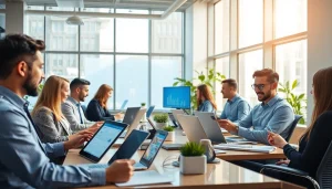 现代办公室中高效的WPS下载,专业人士在设备上协作。